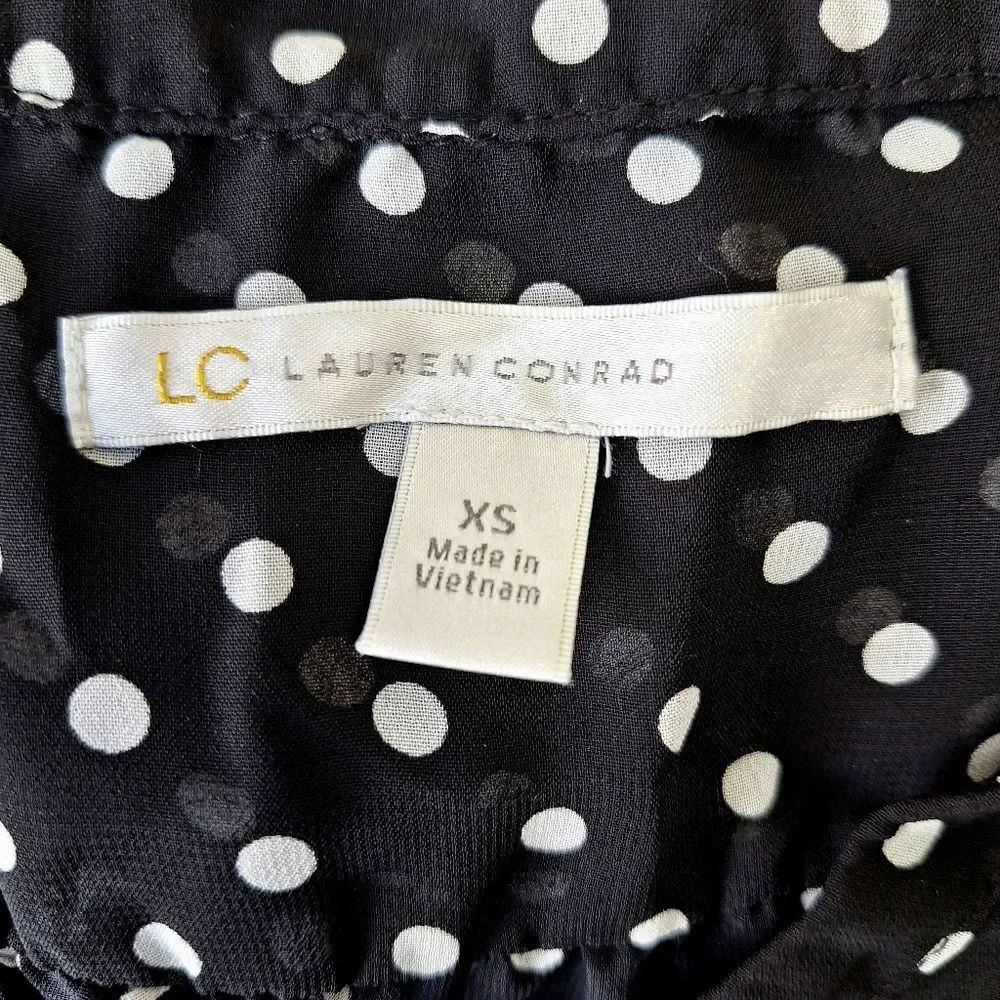 LC Lauren Conrad Sheer Black & White Button-Up Polkadot Puff Sleeve Blouse Sz XS - Picture 5 of 9